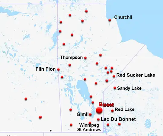 Map showing the location of Bissett in Manitoba